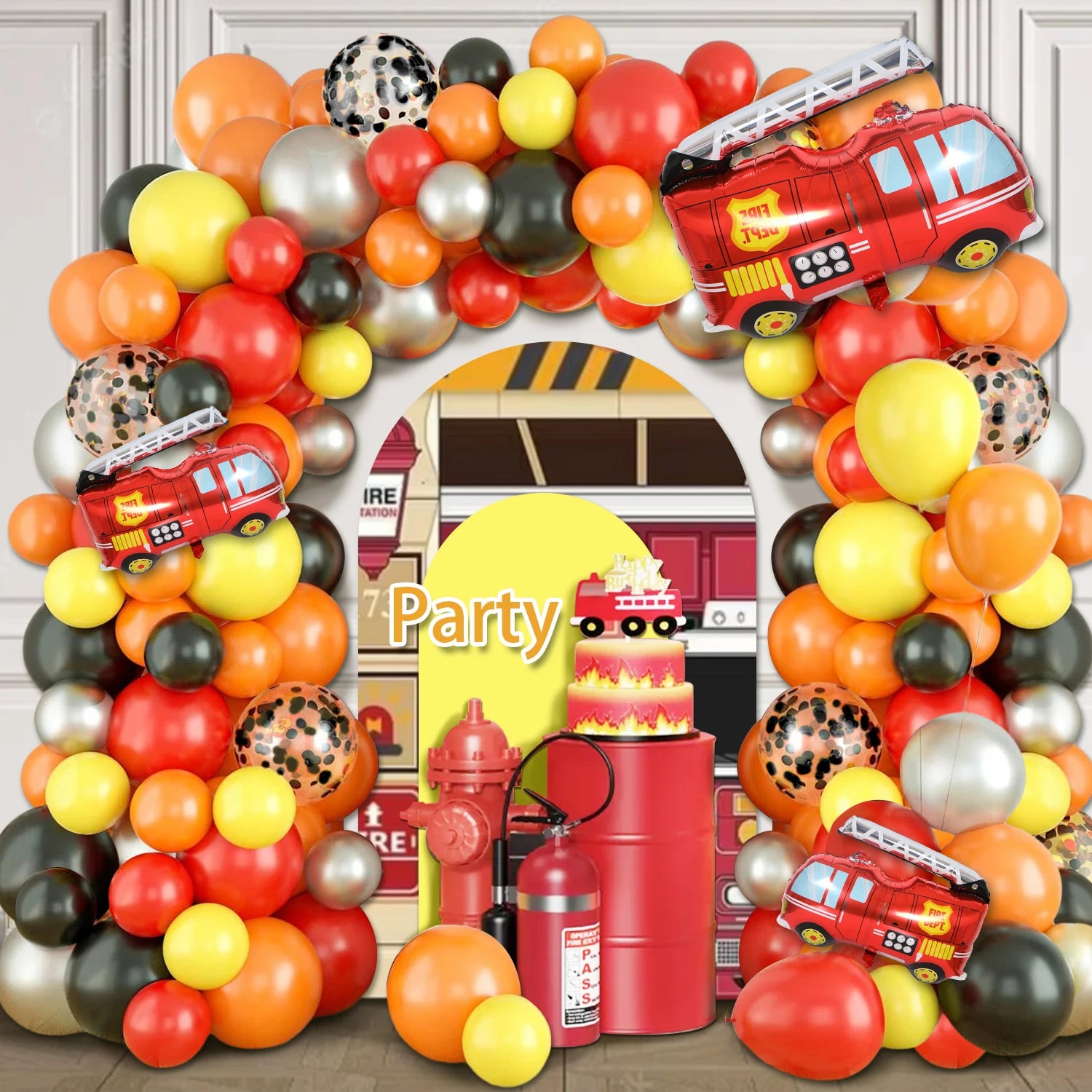 110Pcs Fire Truck Theme Yellow and Orange Balloon Arch Kit, Black and