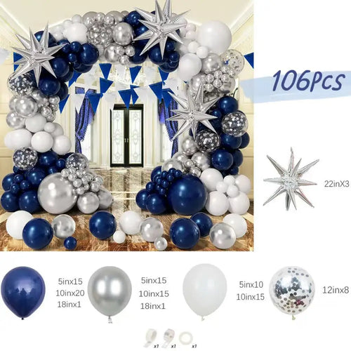 106Pcs  Navy Blue and Silver Balloon Garland Arch Kit Silver Confetti