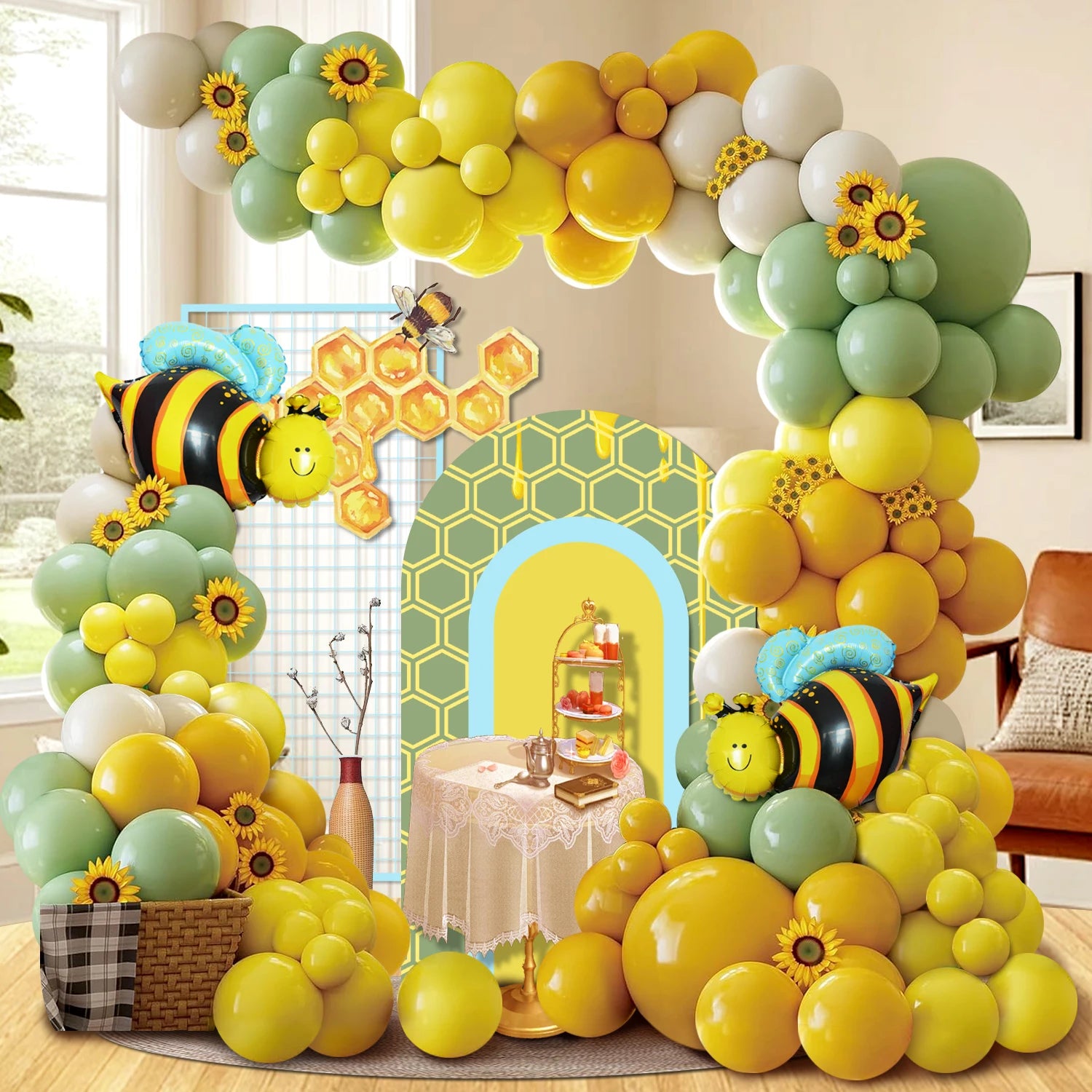 111-Piece Bee Sunflower Balloon Garland Arch Set, Mustard Yellow and
