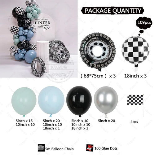 109Pcs Race Car Theme Balloon Garland Arch Kit Blue Black Latex